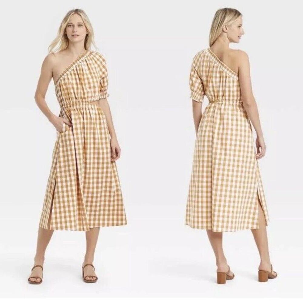 WhoWhatWear One Shoulder Gingham Midi Dress 2X
